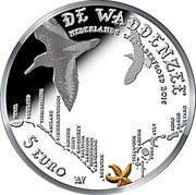 5 Euros - Willem-Alexander Wadden Sea, Silver, Coloured, Seastar, Netherlands, 2016 reverse image