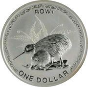 1 Dollar - Elizabeth II 4th Portrait; Rowi Kiwi, Silver, New Zealand, 2005 reverse image