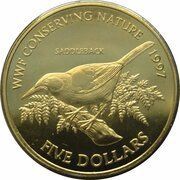 5 Dollars - Elizabeth II 3rd Portrait; Saddleback, New Zealand, 1997 reverse image