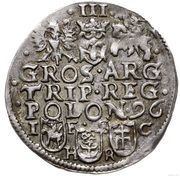 Trojak / 3 Grosze - Sigismund III Vasa Bydgoszcz; Lewart, rose and Radwan shields, Polish–Lithuanian Commonwealth, 1596-1598 reverse image
