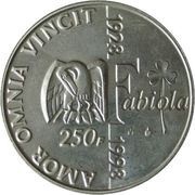 250 Francs Death of Baudouin / Birthday of Fabiola, Belgium, 1998 reverse image