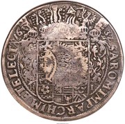 Jefimok Rouble - Alexey Mikhailovich Countermarked over "Saxony Taler of Johann Georg I 1632", Russia, 1655 reverse image