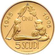 5 Scudi 50th Anniversary of United Nations reverse image