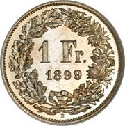 1 Franc Helvetia standing; silver, Switzerland, 1875-1967 reverse image