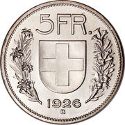5 Francs Herdsman; silver; large type; 5 FR., Switzerland, 1924-1928 reverse image