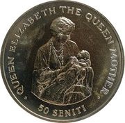 50 Seniti - Tāufaʻahau Tupou IV Queen Mother with Baby Princess Elizabeth, Tonga, 1985 reverse image
