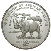 10 000 Shillings Rhinoceros; large type, Uganda, 1993 reverse image