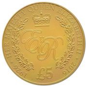 5 Pounds - Elizabeth II 90th Birthday of Queen Elizabeth II; Gold Proof, United Kingdom, 2016 reverse image