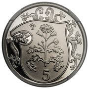 5 Pence - Elizabeth II Quincentenary of the College of Arms; Platinum Proof Issue, United Kingdom, 1985 reverse image