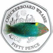50 Pence - Elizabeth II Checkerboard wrasse; Silver, United Kingdom, 2021 reverse image