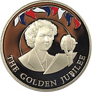 50 Pence - Elizabeth II Queen talking in microphone; Colored, United Kingdom, 2002 reverse image