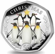 50 Pence - Charles III Christmas Penguins; Silver Proof, United Kingdom, 2023 reverse image