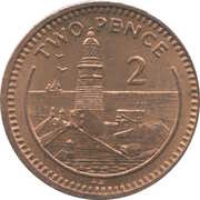 2 Pence - Elizabeth II Europa Point Lighthouse; non-magnetic, United Kingdom, 1988-1995 reverse image