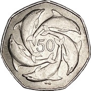 50 Pence - Elizabeth II Dolphins - small type, United Kingdom, 1997 reverse image