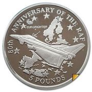 5 Pounds - Elizabeth II Eurofighter over map; Silver Proof, United Kingdom, 1998 reverse image