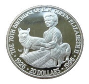 20 Dollars - Elizabeth II 70th Birthday of Queen Elizabeth II, United Kingdom, 1996 reverse image