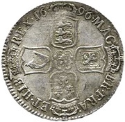 ½ Crown - William III 1st bust; large shields, early harp, United Kingdom, 1696 reverse image