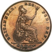 1 Farthing - Victoria 1st portrait; bronzed Proof, United Kingdom, 1839-1853 reverse image
