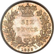 6 Pence - Victoria 1st portrait; 1st type, United Kingdom, 1838-1868 reverse image