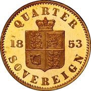 ¼ Sovereign - Victoria Young head; Pattern, United Kingdom, 1853 reverse image