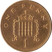 1 Penny - Elizabeth II 3rd portrait; non-magnetic, United Kingdom, 1985-1992 reverse image