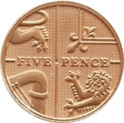 5 Pence - Elizabeth II 4th Portrait; Royal Shield, Gold Proof, United Kingdom, 2008-2015 reverse image