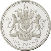 1 Pound - Elizabeth II Royal Arms; Silver Proof, United Kingdom, 1993 reverse image