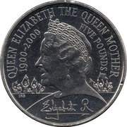 5 Pounds - Elizabeth II 4th portrait; Queen Mother 100th Birthday, United Kingdom, 2000 reverse image