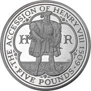 5 Pounds - Elizabeth II King Henry VIII; Silver Proof, United Kingdom, 2009 reverse image