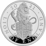 5 Pounds - Elizabeth II Lion of England; Silver Proof, United Kingdom, 2021 reverse image