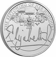 5 Pounds - Elizabeth II 5th portrait; The Queen's Reign, Bestowing Her Honours, United Kingdom, 2022 reverse image