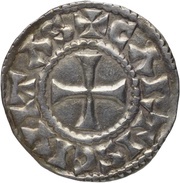 Denier - Ralph Chartres mint; KRLS type monogram, Carolingian Empire, 923-936 reverse image
