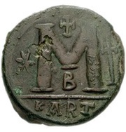 40 Nummi - Justinian I Carthage; Officina Letter, Bust Right, Byzantine states, 527-565 reverse image