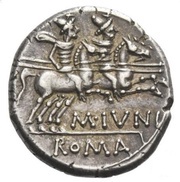 Denarius Junia: Marcus Junius Silanus; M. IVNI, Rome, 145 BC reverse image