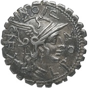 Denarius serratus Pomponia: Lucius Pomponius; L•POMPONI•CNF / L•LIC•CN•DOM obverse image