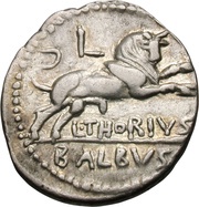 Denarius Thoria: Lucius Thorius Balbus; L•THORIVS BALBVS, Rome, 105 BC reverse image