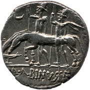 Denarius Caecilia: Lucius Caecilius Metellus; A•ALBINVS•S•F, Rome, 95 BC - 92 BC reverse image