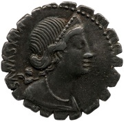 Denarius Serratus Egnatia: Gaius Egnatius Maximus; MAXSVMVS / C•EGNATIVS•CN•F CN•N obverse image