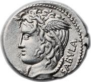 Denarius Cossutia: Lucius Cossutius Sabula; SABVLA / L•COSSVTI•C•F obverse image