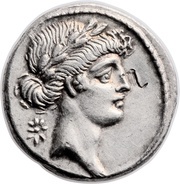 Denarius Pomponia: Quintus Pomponius Musa; Q•POMPONI MVSA; Urania obverse image