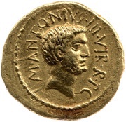 Aureus Mussidia: Lucius Mussidius Longus; M·ANTONIVS·III·VIR·R·P·C / L·MVSSIDIVS·T·F·LONGVS·IIII·VIR·A·P·F· obverse image