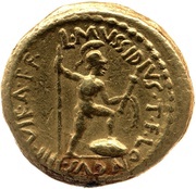 Aureus Mussidia: Lucius Mussidius Longus; M·ANTONIVS·III·VIR·R·P·C / L·MVSSIDIVS·T·F·LONGVS·IIII·VIR·A·P·F·, Rome, 42 BC reverse image