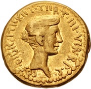 Aureus - Marcus Antonius and Octavia M·ANTONIVS·M·F·M·N·AVGVR·IMP·TIIRT / COS·DIISIG·ITIIR·IIT·TIIRT·III·VIR·R·P·C, Rome, 38 BC reverse image
