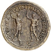 Sestertius - Vespasian, Titus, and Domitian CAESAR AVG F DES IMP AVG F COS DES II S C, Rome, 71 reverse image