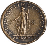 Sestertius - Trajan S P Q R OPTIMO PRINCIPI S C ARAB ADQVIS; Arabia, Rome, 112-114 reverse image