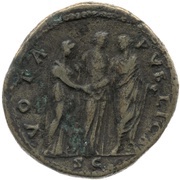 Sestertius - Marcus Aurelius and Faustina the Younger VOTA PVBLICA S C, Rome, 145 reverse image