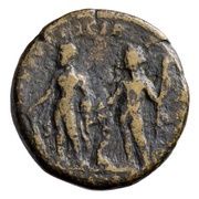 Sestertius - Septimius Severus DIS AVSPICIB TR P II COS II P P S C; Hercules, Bacchus, and Liber, Rome, 194 reverse image