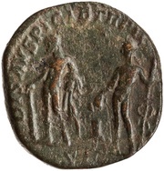 Sestertius - Septimius Severus DIS AVSPICIB TR P II COS II P P S C; Hercules, Bacchus, and Liber, Rome, 194 reverse image