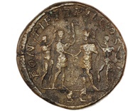 Sestertius - Geta and Caracalla PONTIF TR P II COS II S C; Apollo and Hercules, Rome, 210 reverse image