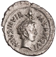 Denarius - Augustus and Julius Caesar M SANQVINIVS IIIVIR, Rome, 17 BC reverse image
